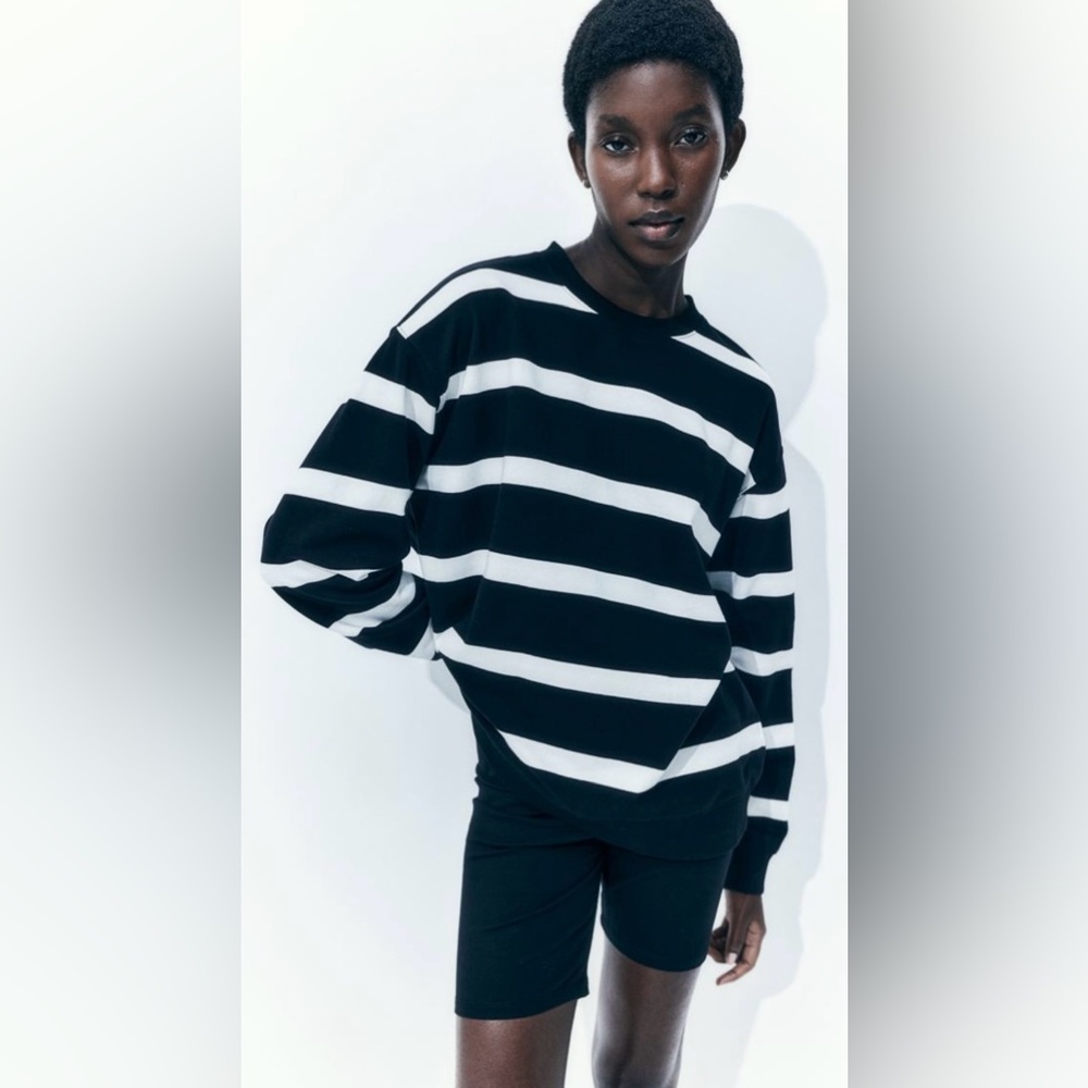 Black & White Striped Cotton Long Sleeve Top | Crew Neck | Large - Picture 2 of 10